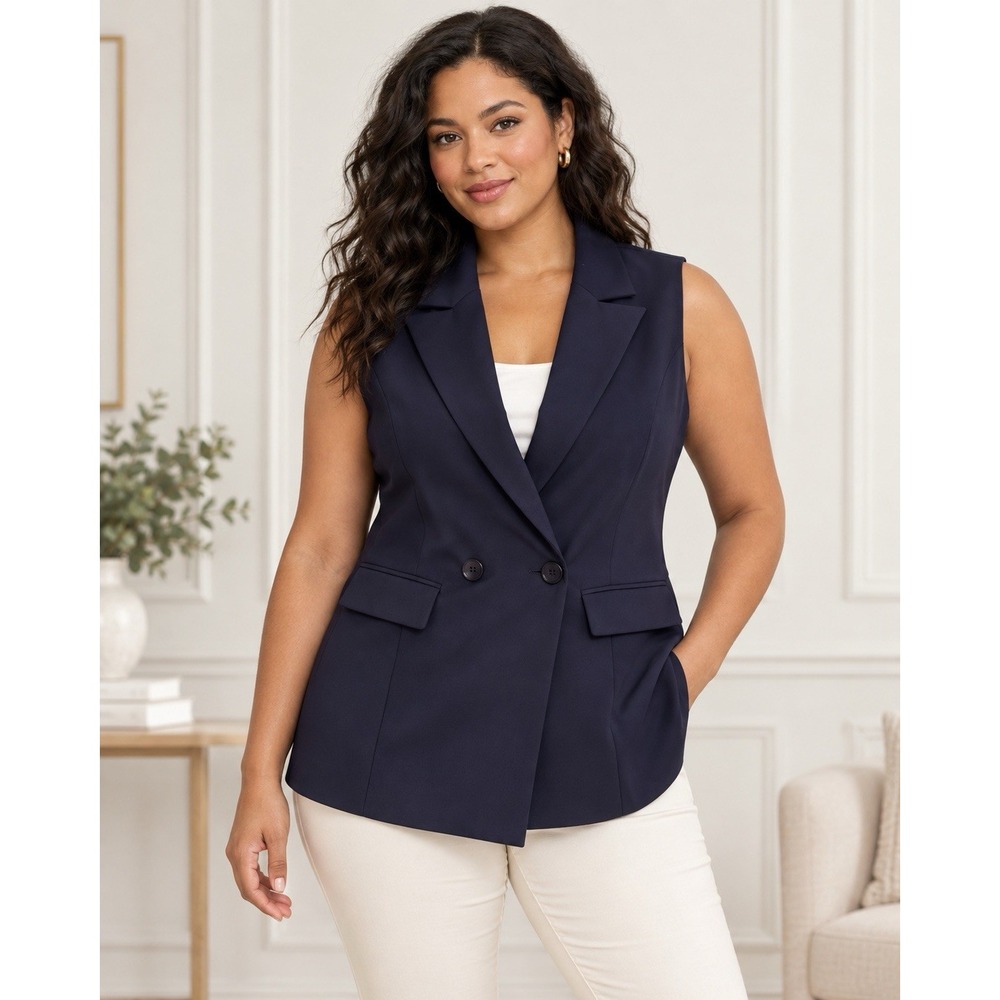 Boohoo Women Size 12 Navy Blue Double Breasted Sleeveless Tailored Long Vest